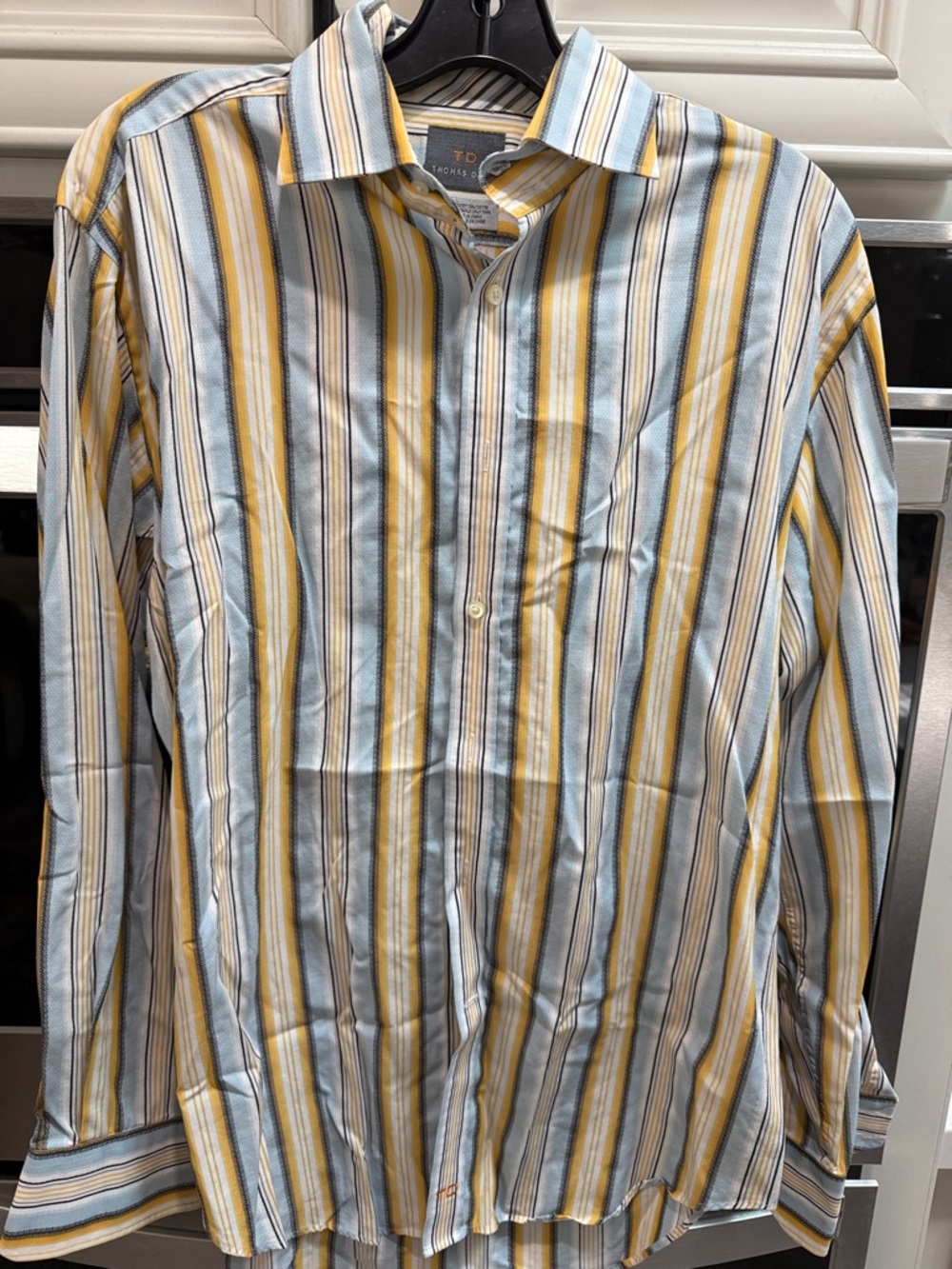 Thomas Dean Men's Yellow and Light Blue Vertical Stripe Button-Down Shirt